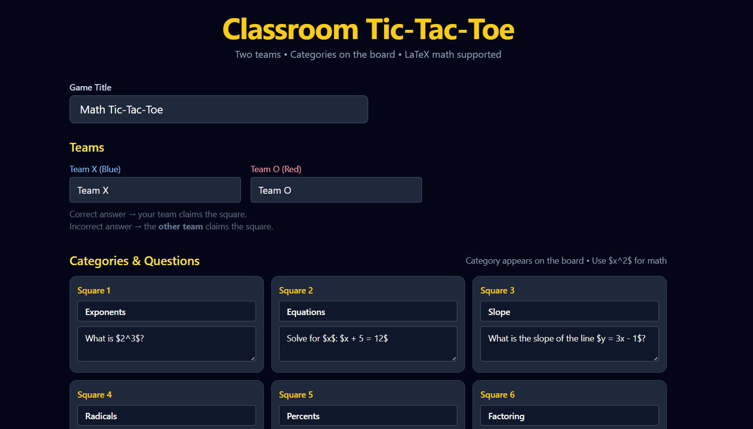 Classroom Tic-Tac-Toe